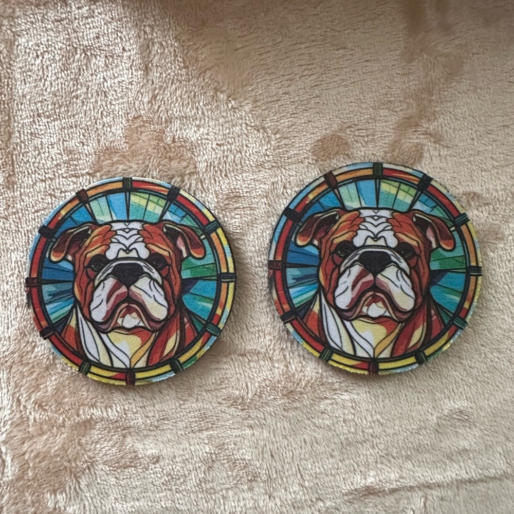 Stained Glass Design Bulldog Sponge/Rubber Car/Home Coasters Set of 2